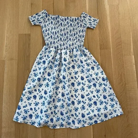 White off the shoulder dress with blue flowers - Picture 1 of 5